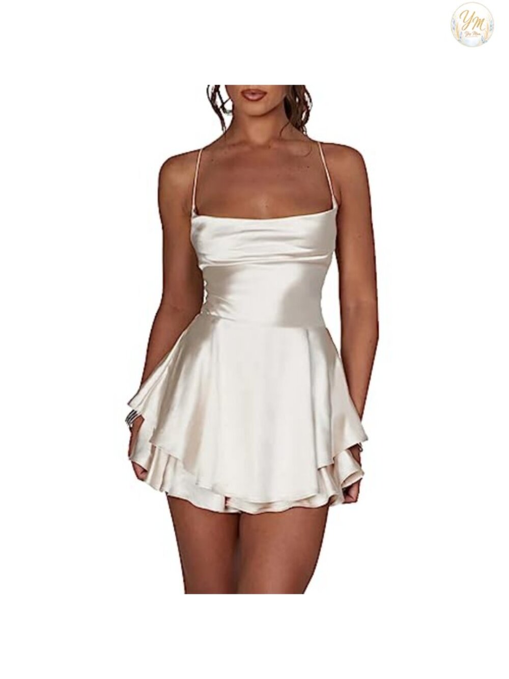 Satin A-Line Romper Jumpsuit Sleeveless Tiered Ruffle Halter Open Back